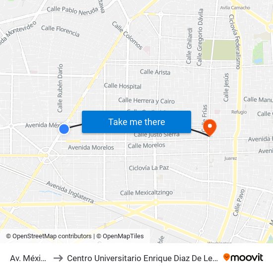 Av. México to Centro Universitario Enrique Diaz De Leon map