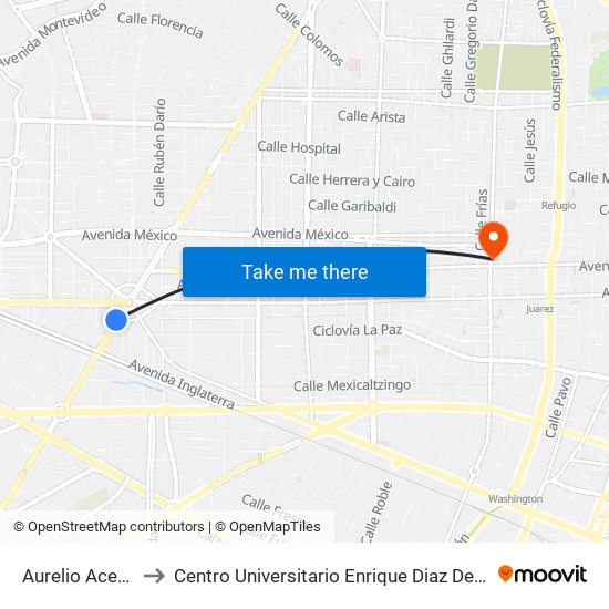 Aurelio Aceves to Centro Universitario Enrique Diaz De Leon map