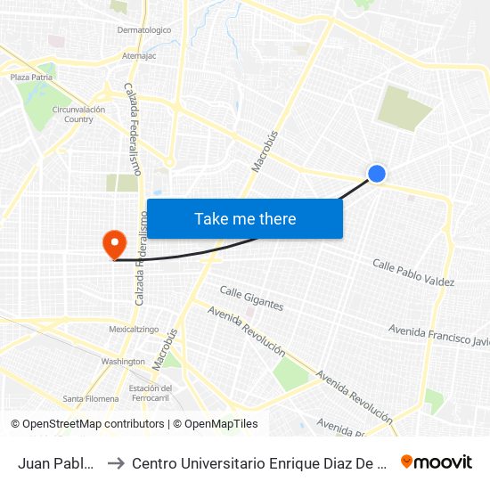 Juan Pablo II to Centro Universitario Enrique Diaz De Leon map