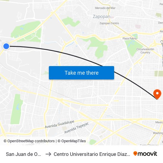 San Juan de Ocotán to Centro Universitario Enrique Diaz De Leon map