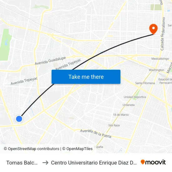 Tomas Balcázar to Centro Universitario Enrique Diaz De Leon map