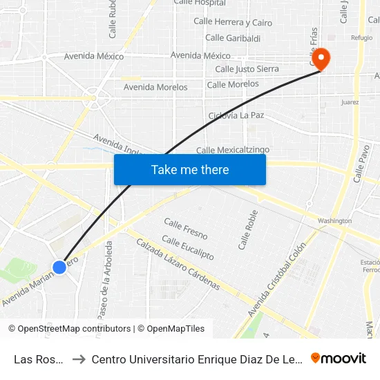 Las Rosas to Centro Universitario Enrique Diaz De Leon map