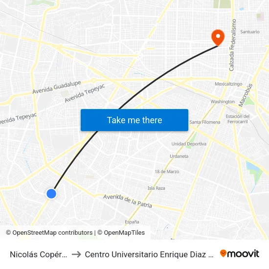 Nicolás Copérnico to Centro Universitario Enrique Diaz De Leon map