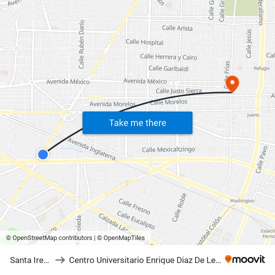 Santa Irene to Centro Universitario Enrique Diaz De Leon map
