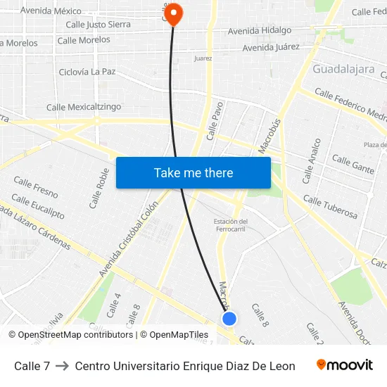 Calle 7 to Centro Universitario Enrique Diaz De Leon map