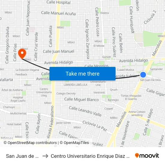 San Juan de Dios to Centro Universitario Enrique Diaz De Leon map