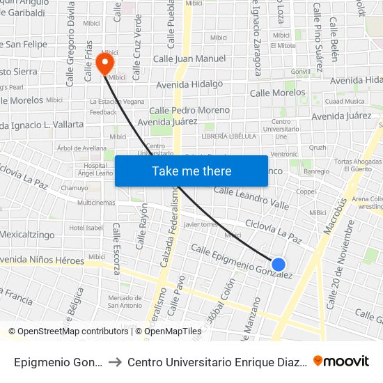 Epigmenio González to Centro Universitario Enrique Diaz De Leon map