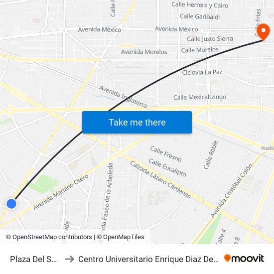 Plaza Del Sol 1 to Centro Universitario Enrique Diaz De Leon map