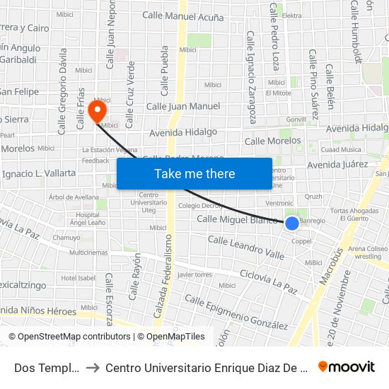Dos Templos to Centro Universitario Enrique Diaz De Leon map