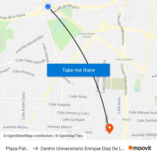 Plaza Patria to Centro Universitario Enrique Diaz De Leon map