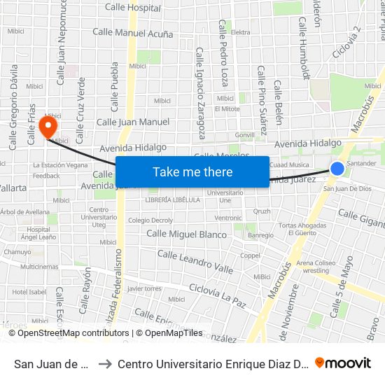 San Juan de Dios to Centro Universitario Enrique Diaz De Leon map
