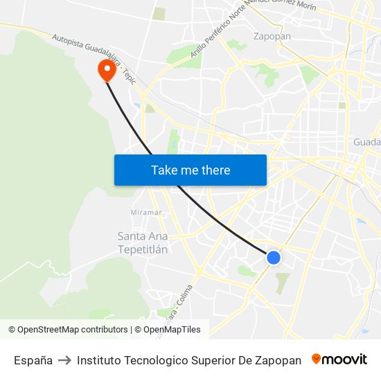 España to Instituto Tecnologico Superior De Zapopan map