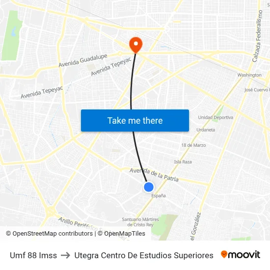 Umf 88 Imss to Utegra Centro De Estudios Superiores map
