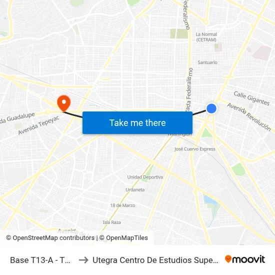 Base T13-A - T13-B to Utegra Centro De Estudios Superiores map
