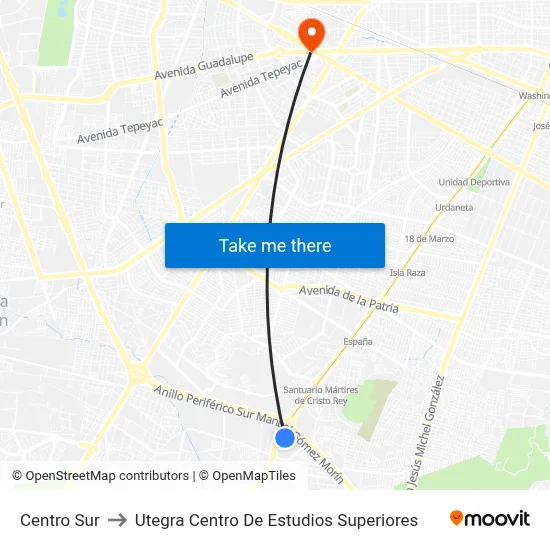 Centro Sur to Utegra Centro De Estudios Superiores map