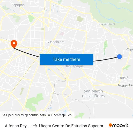 Alfonso Reyes to Utegra Centro De Estudios Superiores map