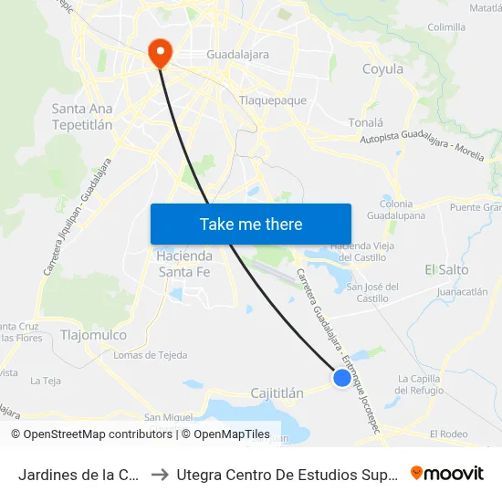 Jardines de la Calera to Utegra Centro De Estudios Superiores map