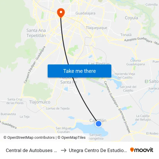 Central de Autobuses de Cajititlán to Utegra Centro De Estudios Superiores map