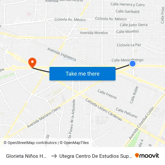Glorieta Niños Héroes to Utegra Centro De Estudios Superiores map