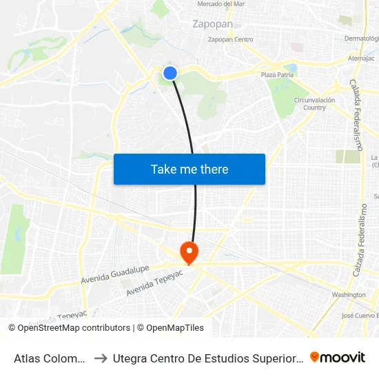 Atlas Colomos to Utegra Centro De Estudios Superiores map