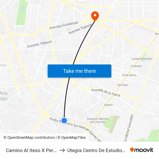 Camino Al Iteso X Periférico Sur to Utegra Centro De Estudios Superiores map