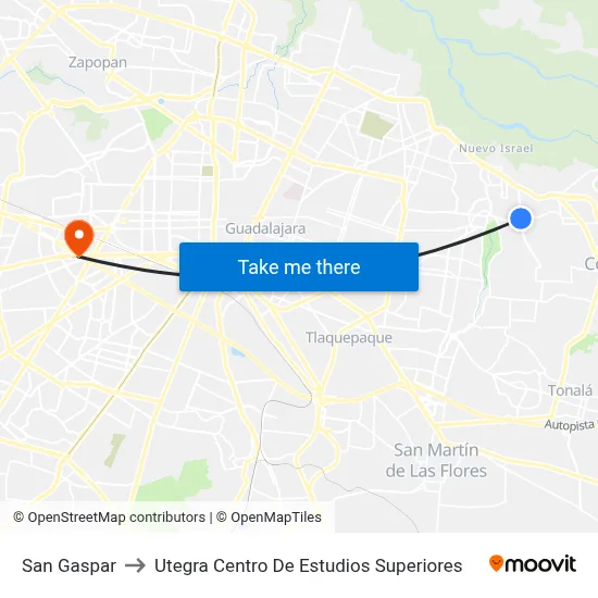 San Gaspar to Utegra Centro De Estudios Superiores map