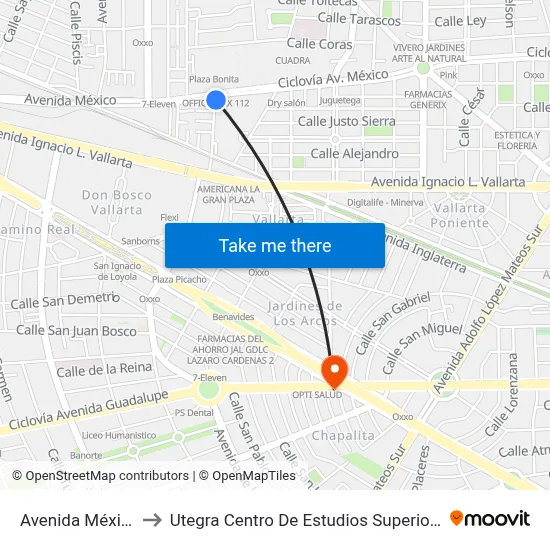 Avenida México to Utegra Centro De Estudios Superiores map