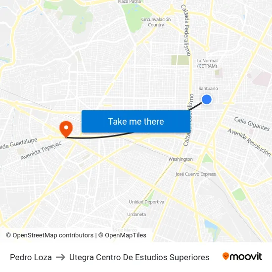Pedro Loza to Utegra Centro De Estudios Superiores map