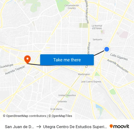 San Juan de Dios to Utegra Centro De Estudios Superiores map
