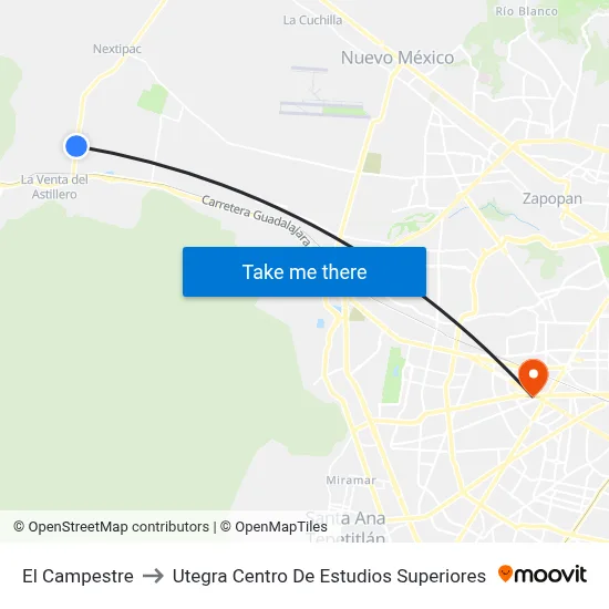 El Campestre to Utegra Centro De Estudios Superiores map