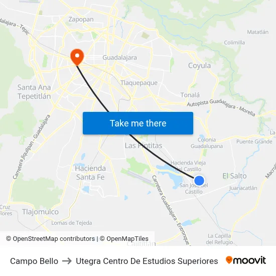 Campo Bello to Utegra Centro De Estudios Superiores map