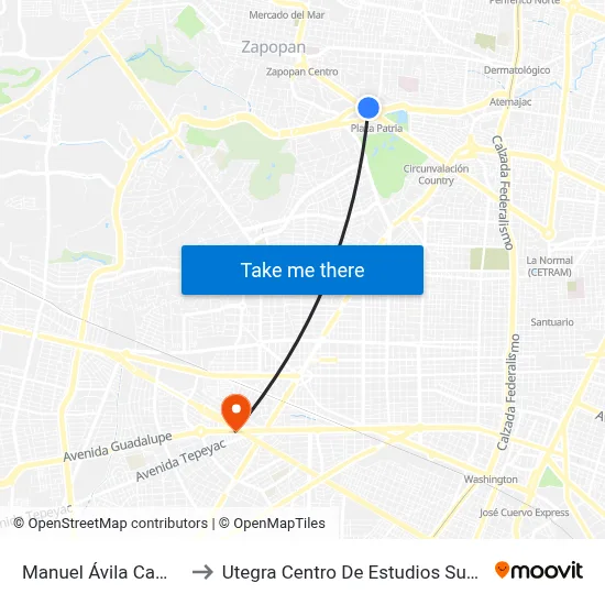 Manuel Ávila Camacho to Utegra Centro De Estudios Superiores map