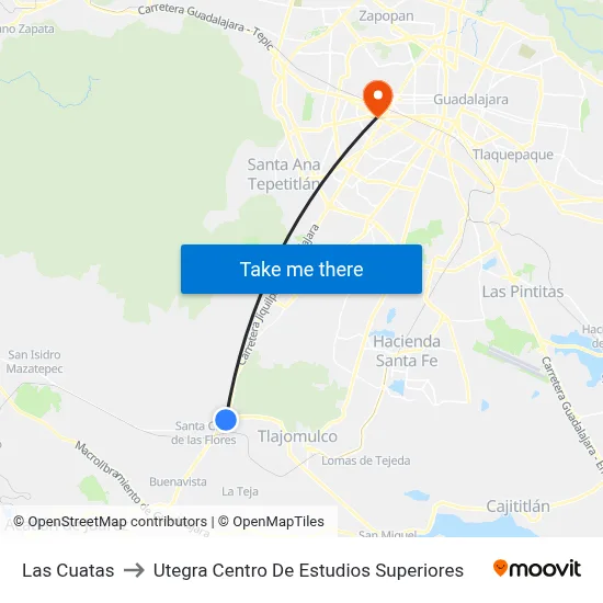 Las Cuatas to Utegra Centro De Estudios Superiores map