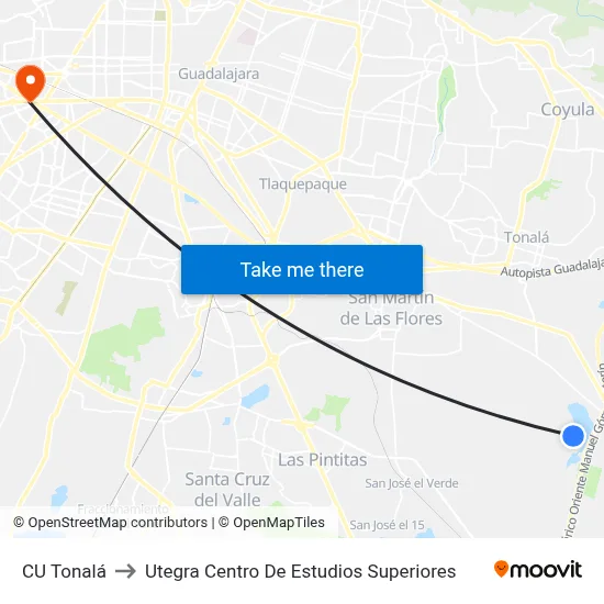 CU Tonalá to Utegra Centro De Estudios Superiores map