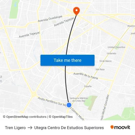 Tren Ligero to Utegra Centro De Estudios Superiores map