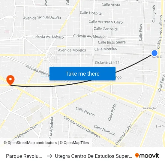 Parque Revolución to Utegra Centro De Estudios Superiores map
