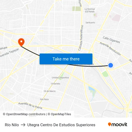 Río Nilo to Utegra Centro De Estudios Superiores map