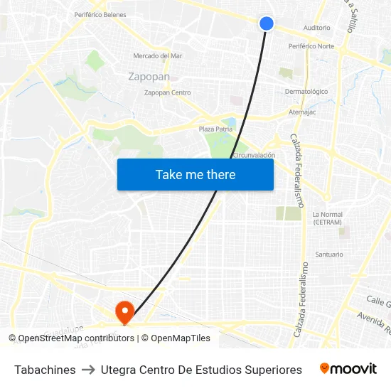 Tabachines to Utegra Centro De Estudios Superiores map