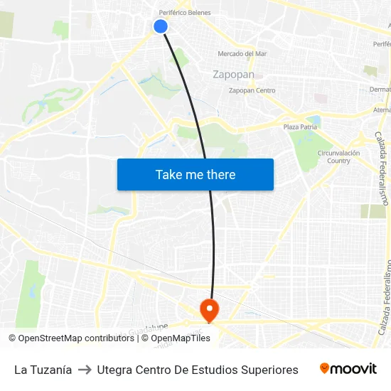 La Tuzanía to Utegra Centro De Estudios Superiores map