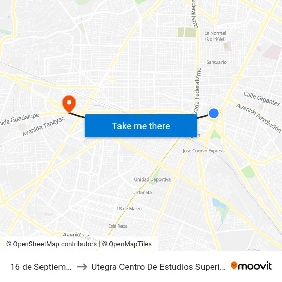 16 de Septiembre to Utegra Centro De Estudios Superiores map