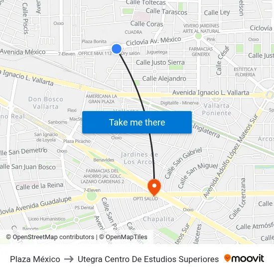Plaza México to Utegra Centro De Estudios Superiores map