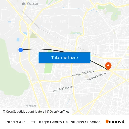 Estadio Akron to Utegra Centro De Estudios Superiores map