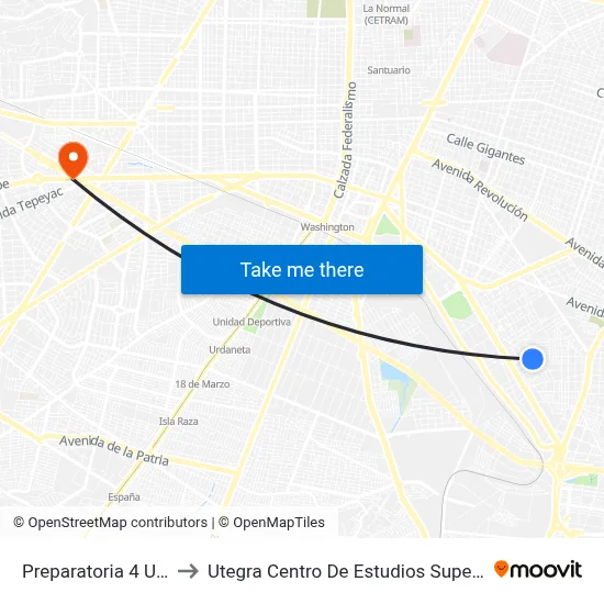 Preparatoria 4 Udeg to Utegra Centro De Estudios Superiores map