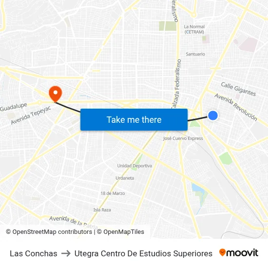 Las Conchas to Utegra Centro De Estudios Superiores map