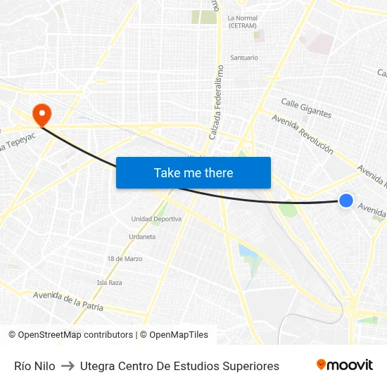 Río Nilo to Utegra Centro De Estudios Superiores map