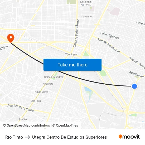 Río Tinto to Utegra Centro De Estudios Superiores map
