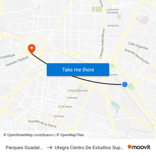 Parques Guadalajara to Utegra Centro De Estudios Superiores map