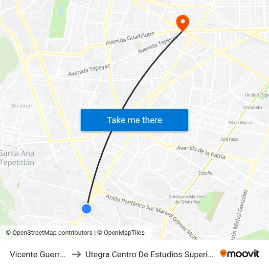 Vicente Guerrero to Utegra Centro De Estudios Superiores map