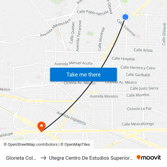 Glorieta Colón to Utegra Centro De Estudios Superiores map