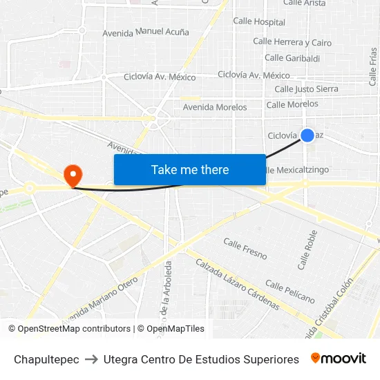 Chapultepec to Utegra Centro De Estudios Superiores map